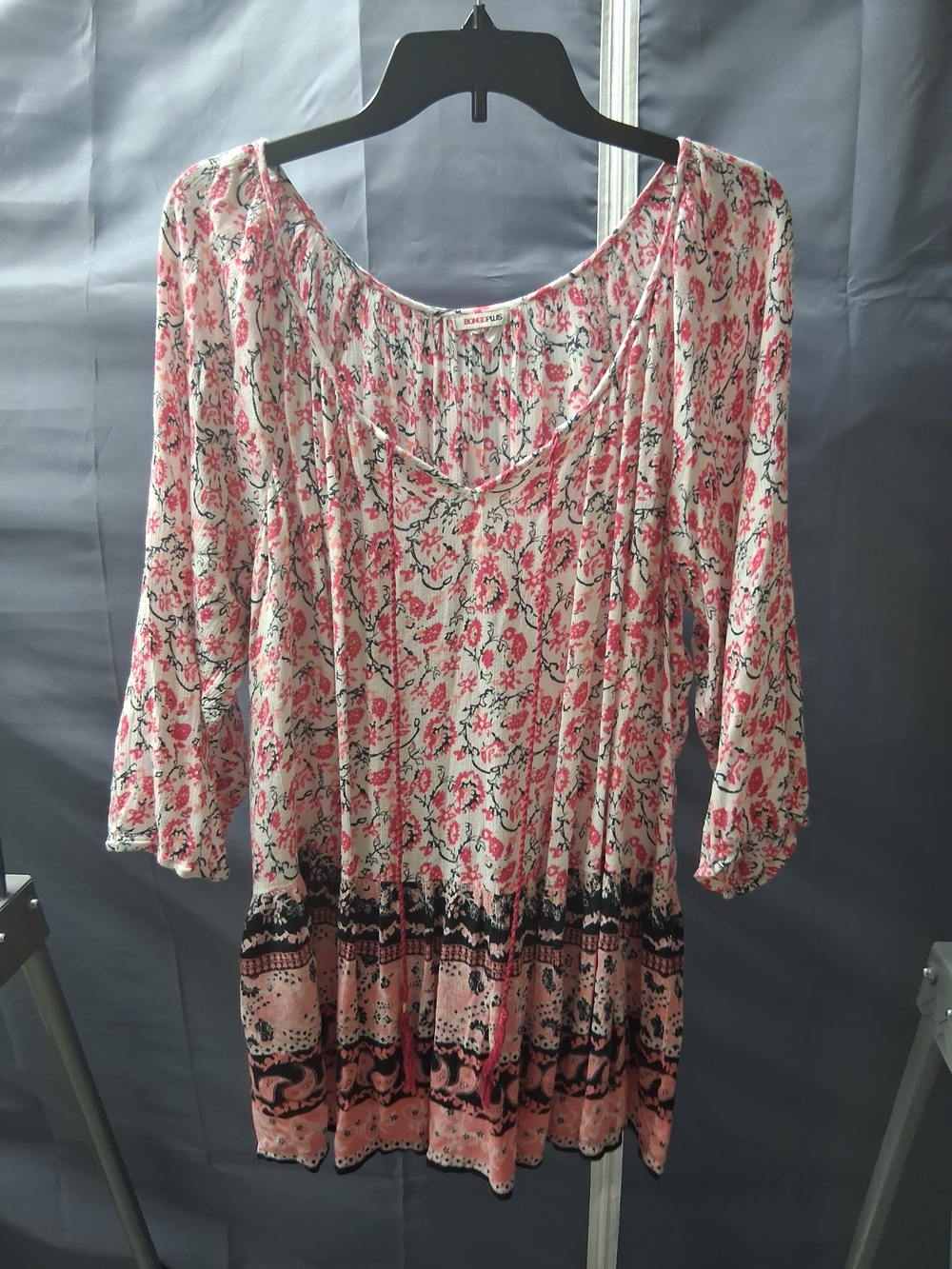 Boho Peasant Tunic Top in Pink and Black Floral